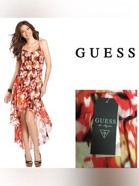 🆕GUESS - M - NWT - RED MULTI CHIFFON HIGH-LO / MAXI DRESS